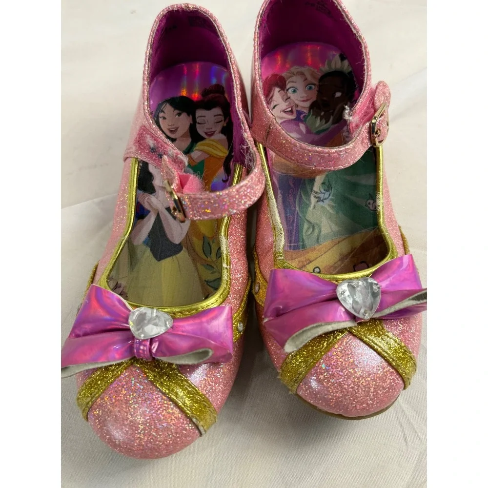 Disney Princess Pink Glitter Mary Jane Dress Shoes Heart Gem Bow Girls Size 12
